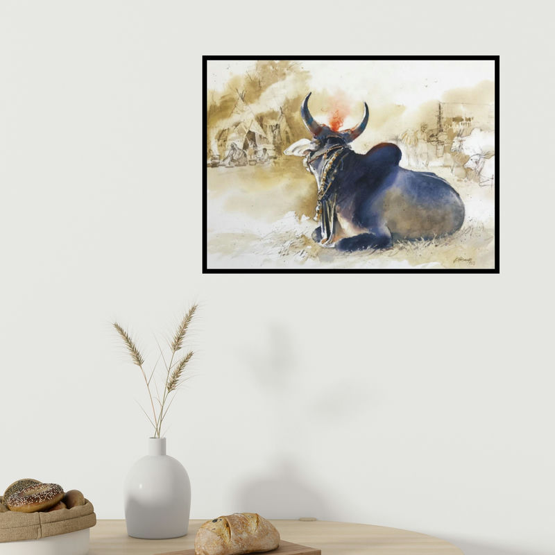 In-situ view of Kudalayya Hiremath's 'The Family Man (Resting in the Village)' painting in a room