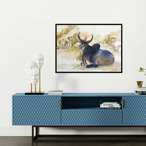 Preview of 'The Family Man (Resting in the Village)' Painting by Kudalayya Hiremath shown on a wall in a furnished room.