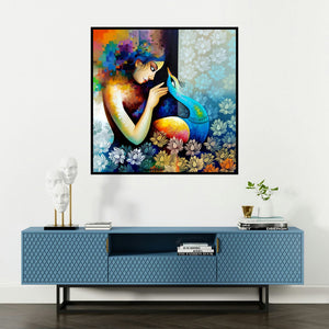 'Fantastic 2 (Woman with Peacock)' painting by Sanjay Tandekar shown on a wall in a furnished room.