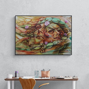 Preview of 'Fantasy 5 (girl with lotus)' Painting by Darshan Sharma shown on a wall in a furnished room.