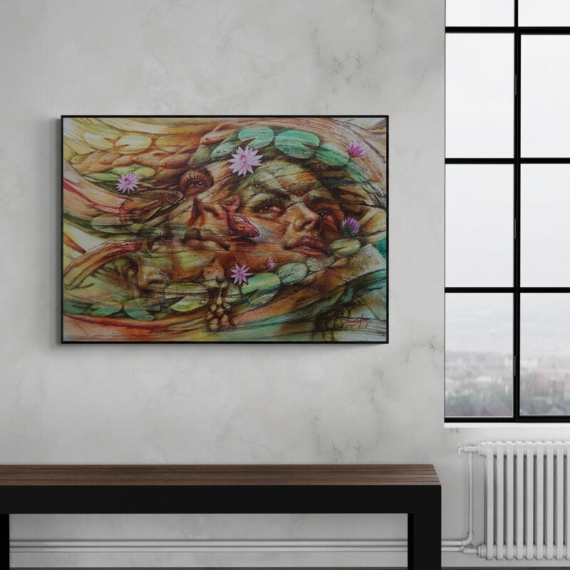 In-situ view of Darshan Sharma's 'Fantasy 5 (girl with lotus)' painting in a room