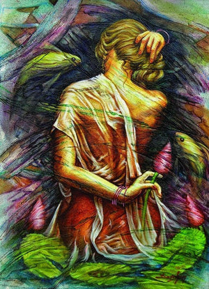 Fantasy 9 (Secrets of the Stream) by Darshan Sharma, Original Oil Figurative Painting on Canvas, Medium Vertical Wall Art