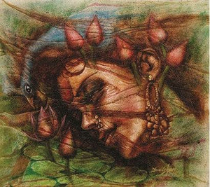 Fantasy Ii (A Lotus-Kissed Gaze) by Darshan Sharma, Original Oil Figurative Painting on Canvas, Medium Horizontal Wall Art