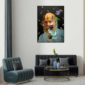 Abhilasha Singh's 'Fantasy With Nature 4' painting visualized above a sofa in a contemporary room.