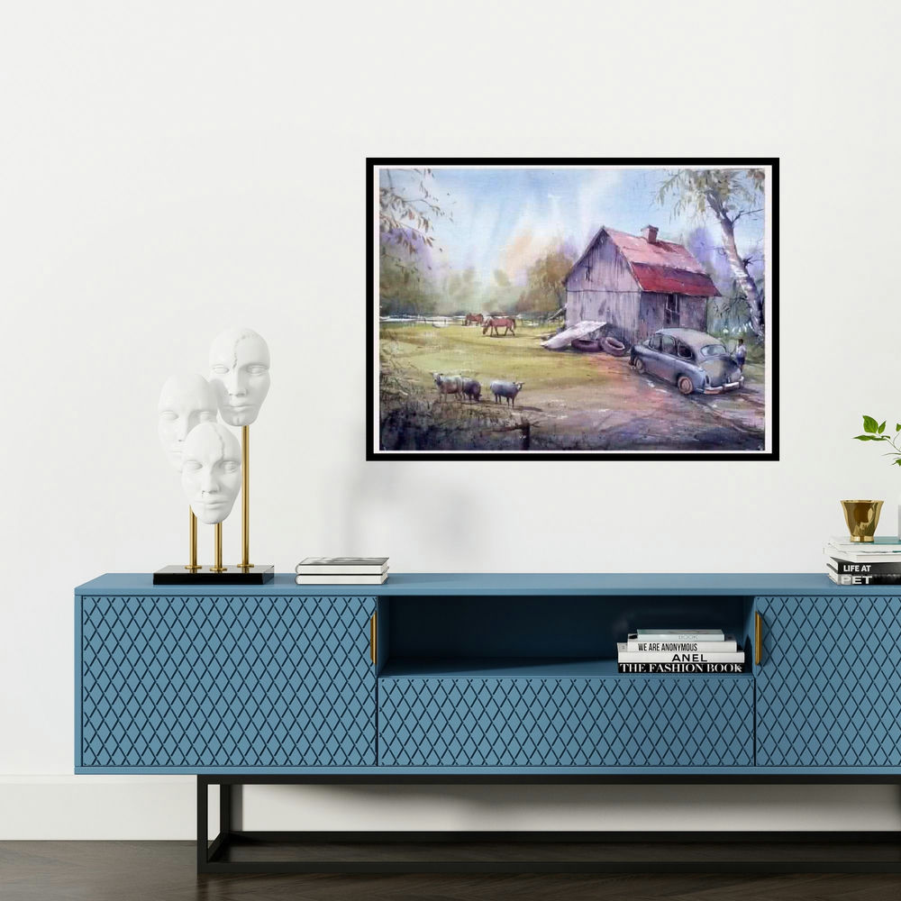 'Farm' painting by Amit Kapoor shown on a wall in a furnished room.
