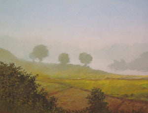 Farm View by Fareed Ahmed, Original Oil Landscape Painting on Canvas, Small Horizontal Wall Art