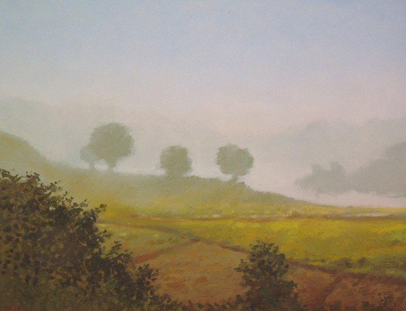 Landscape oil painting titled 'Farm view', 18x14 inches, by artist Fareed Ahmed on canvas
