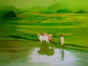 Farmer (Fields of Gold: A Farmers Dedication) by Narayan Shelke, Original Oil Nature Painting on Canvas, Large Horizontal Wall Art