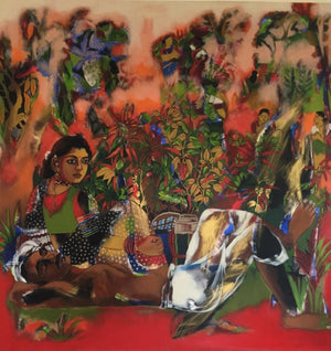 Farmer Couple In Chilli Farm (Figures in a Landscape) by Anjani Reddy, Original Acrylic Figurative Painting on Canvas, X-Large Square Wall Art