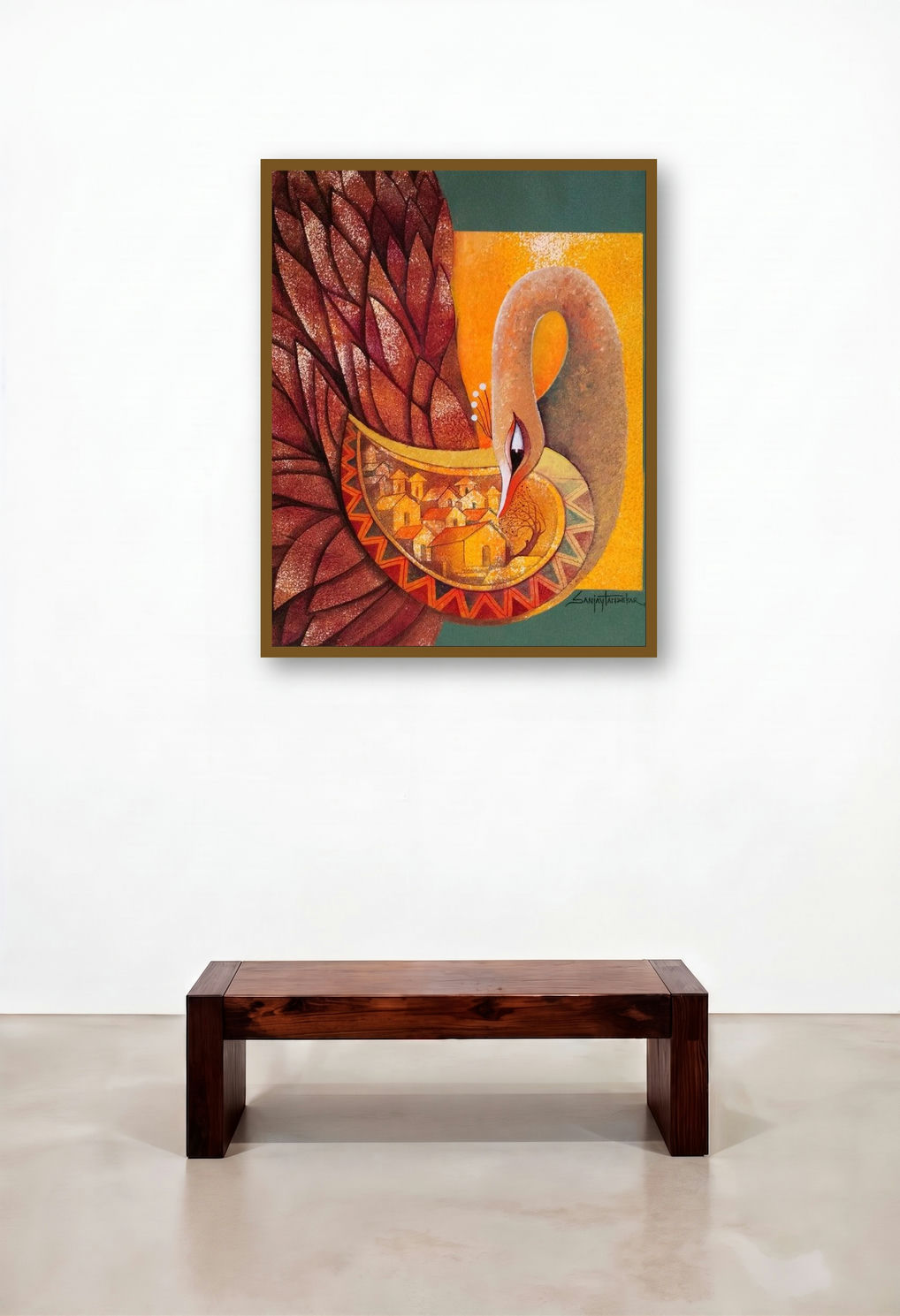 Fascination 1 (Sheltering Wings) by artist Sanjay Tandekar displayed in a Japandi Reception Area