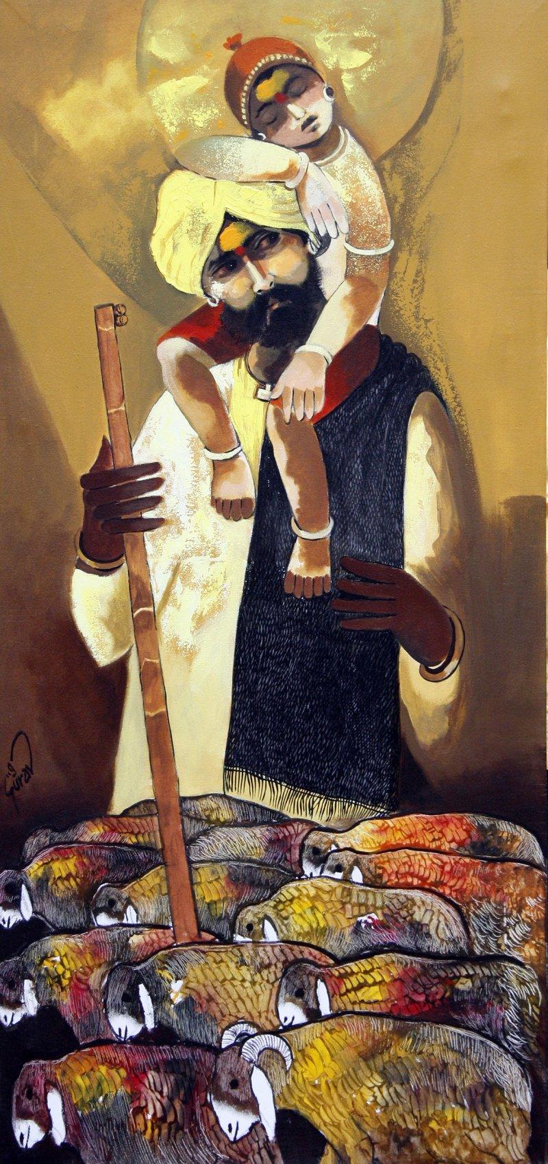 Figurative oil painting titled 'Father Shepherd', 24x48 inches, by artist RAOSAHEB GURAV on Canvas