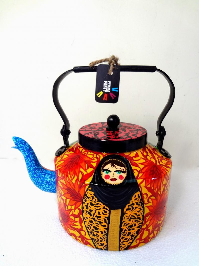 Lifestyle craft titled 'Fatimas Hand Tea Kettle', 9x9x7 inches, by artist Rithika Kumar on Aluminium