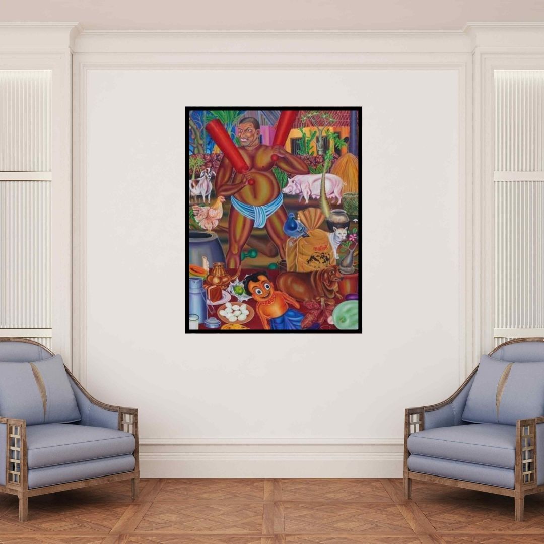 In-situ view of Rejeesh Sarovar's 'The Fatty Land (A Day in the Village)' painting in a room