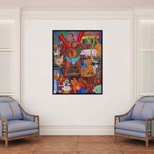 In-situ view of Rejeesh Sarovar's 'The Fatty Land (A Day in the Village)' painting in a room