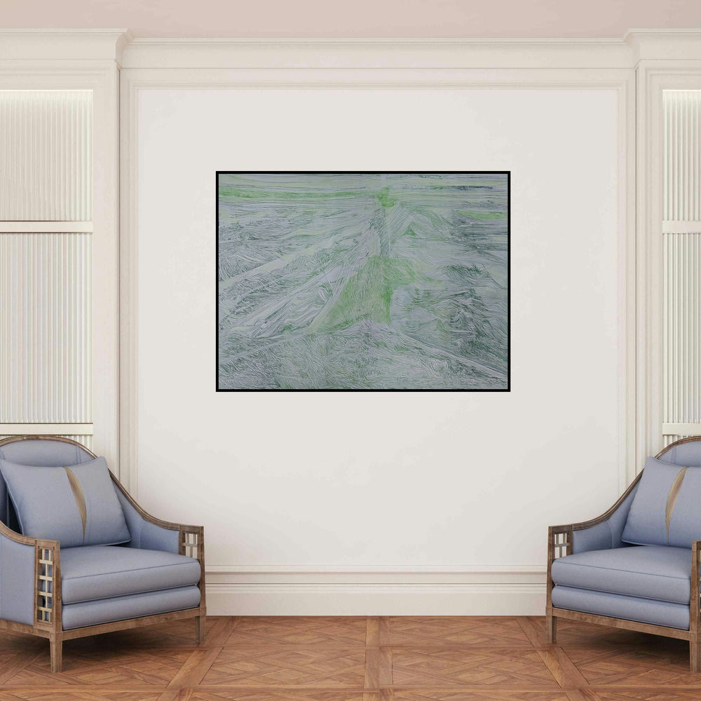 'Feeling Line 18 (Verdant Tranquility)' painting by Suhani Jain shown on a wall in a furnished room.