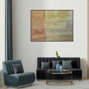 Suhani Jain's 'Feeling Line 23 (Layered Horizons)' painting visualized above a sofa in a contemporary room.