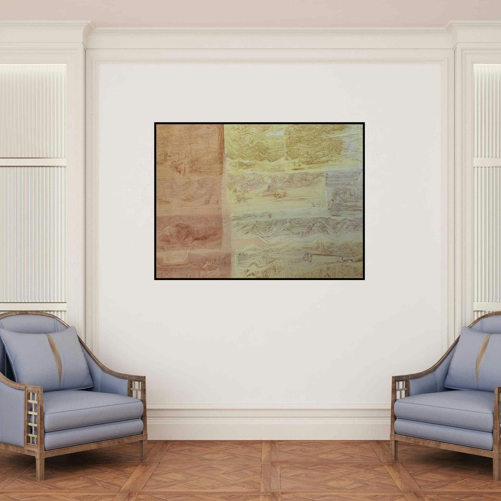 'Feeling Line 23 (Layered Horizons)' painting by Suhani Jain shown on a wall in a furnished room.