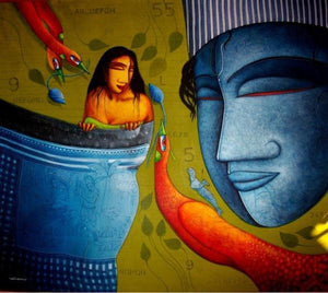 Feeling Love (Celestial Resonance) by Samir Sarkar, Original Acrylic Figurative Painting on Canvas, Large Horizontal Wall Art