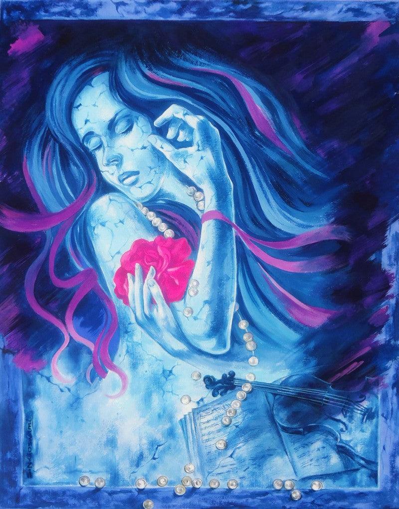 Figurative mixed media painting titled 'Feelings Of Sorrow', 28x22 inches, by artist Shambhu Nath Goswami on Paper