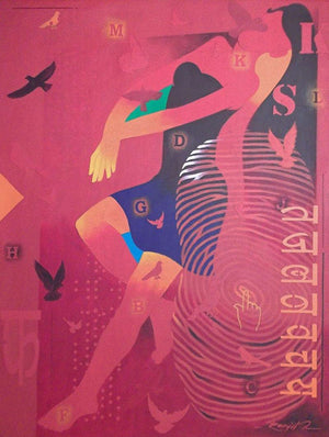Feminity 14 (Dance of Letters) by Ranjit Singh, Original Acrylic Figurative Painting on Canvas, Large Vertical Wall Art