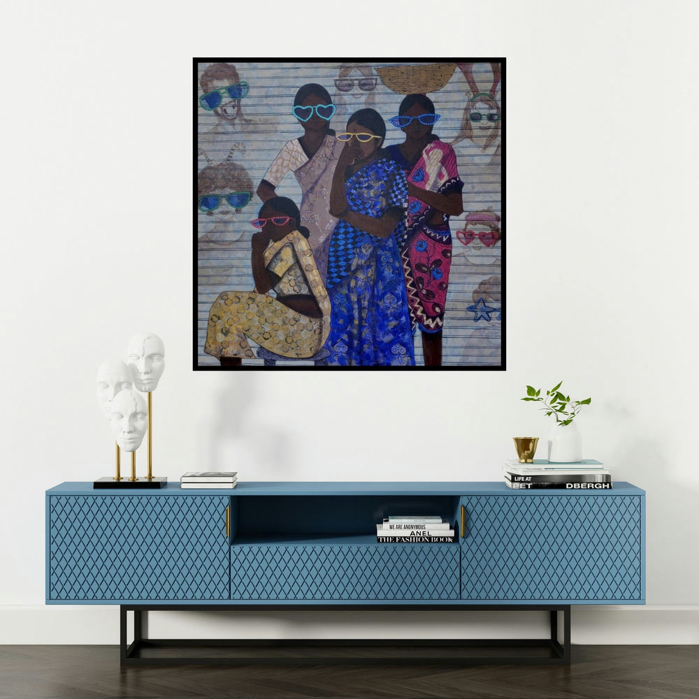 'Festival (Shared Stories)' painting by Harshada Kolapkar shown on a wall in a furnished room.