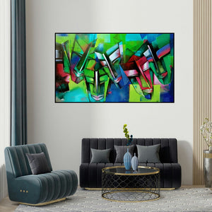 Samir Chanda's 'Festival (The Tapestry of Humanity)' painting visualized above a sofa in a contemporary room.