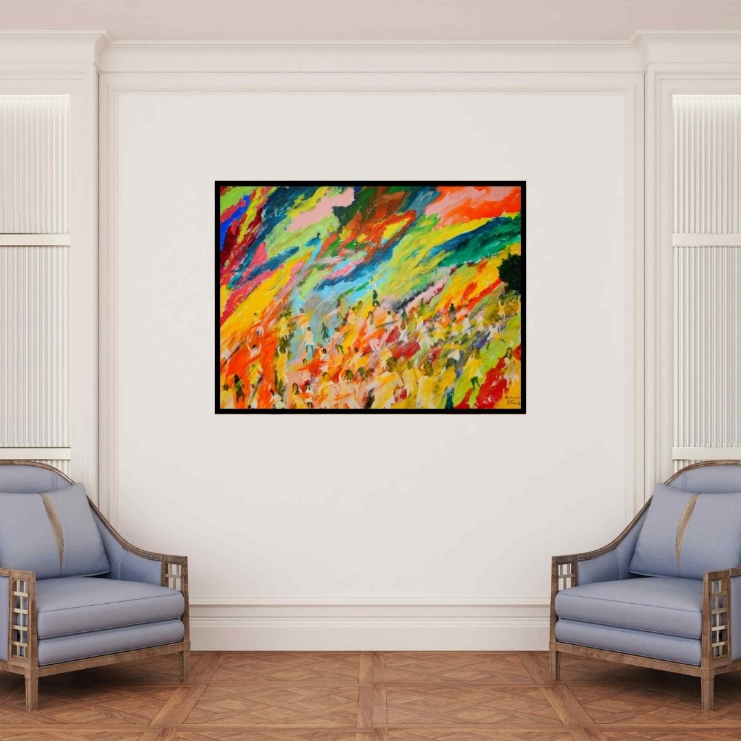 In-situ view of Madhusudan Pattanaik's 'Festival Of Colours Holi' painting in a room