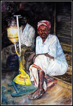 Festival Light With Man (Illuminating Festivities) by Srv Artist, Original Watercolor Figurative Painting on Handmade Paper, Small Vertical Wall Art