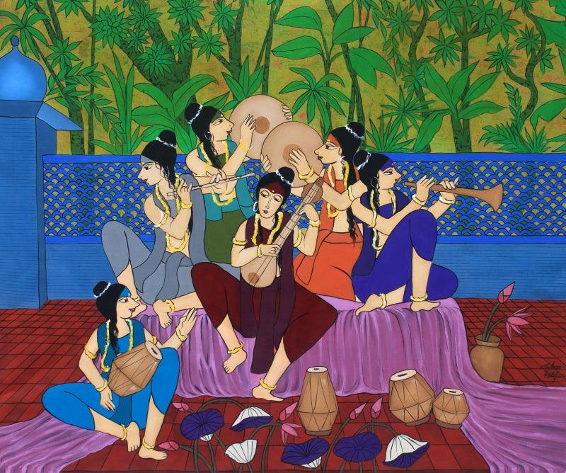 Figurative acrylic painting titled 'Festivity', 58x48 inches, by artist Chetan Katigar on Canvas