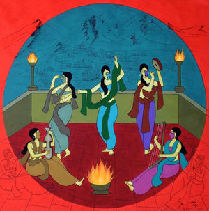 Festivity (Celebration in Times of Change) by Chetan Katigar, Original Acrylic Figurative Painting on Canvas, X-Large Square Wall Art