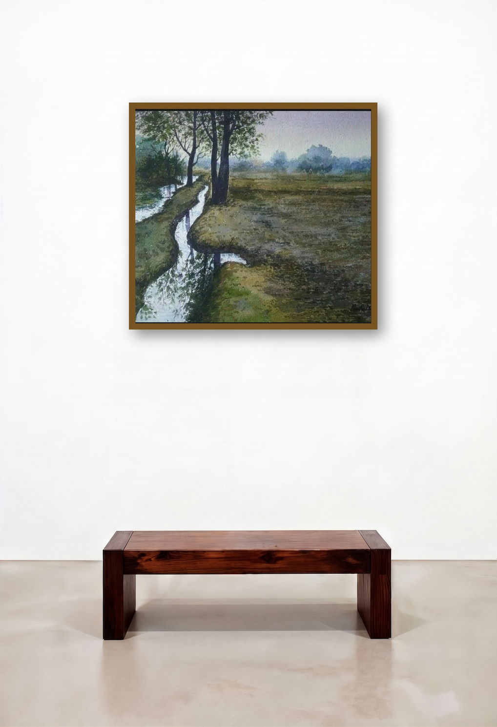 Field (A Peaceful Countryside) by artist Madhukar Mahajan displayed in a Contemporary Luxury Hotel Lobby