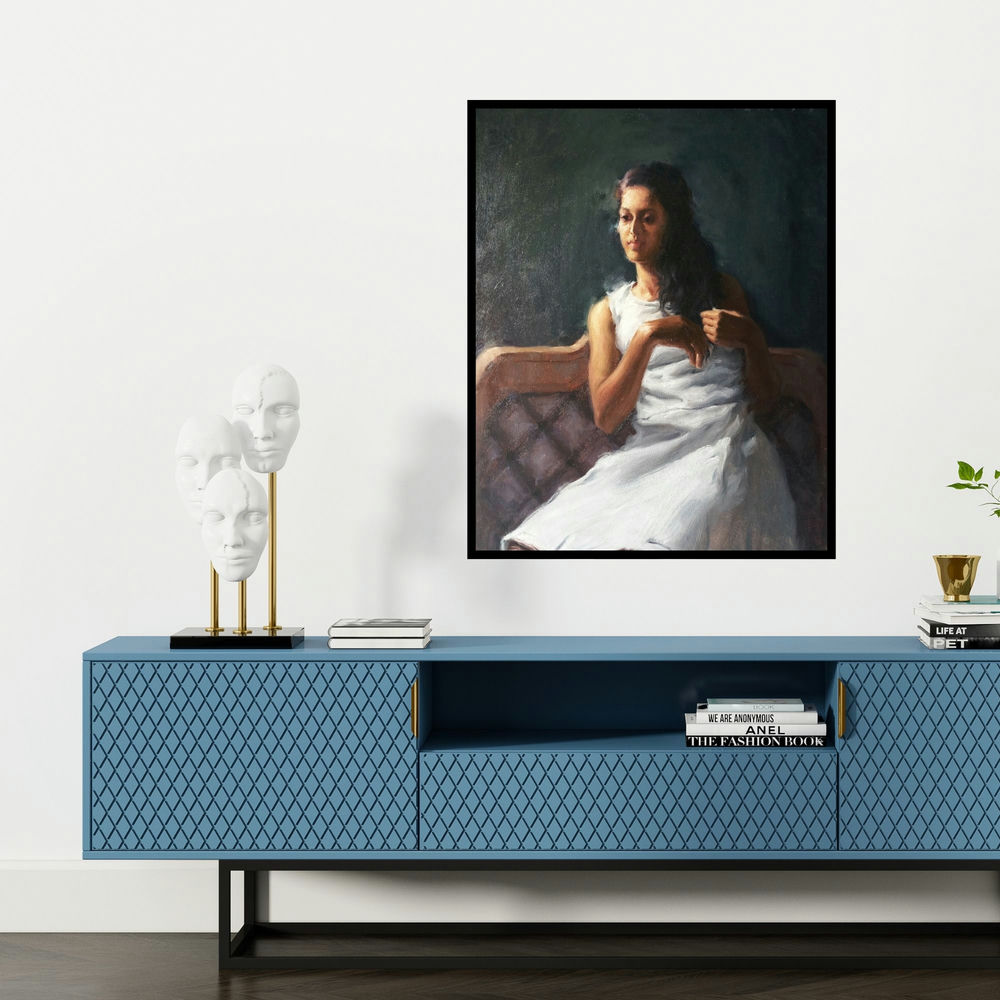 'Figure 2' painting by Siddharth Gavade shown on a wall in a furnished room.