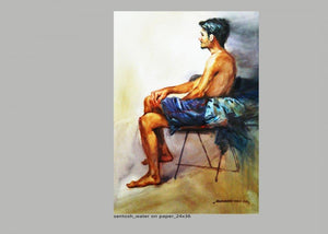 Figure 4 (Santosh) by Nanasaheb Yeole, Original Watercolor Figurative Painting on Paper, Medium Horizontal Wall Art