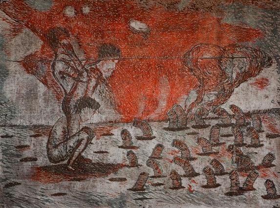 Figurative printmaking titled 'Figure Fading In A Landscape 3', 43x57 inches, by artist Durgaprasad Bandi on Wood cut