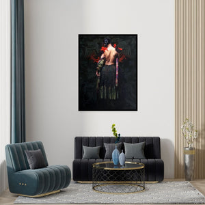 Preview of 'Figure I (Crimson Ties)' Painting by Pramod Kurlekar shown on a wall in a furnished room.