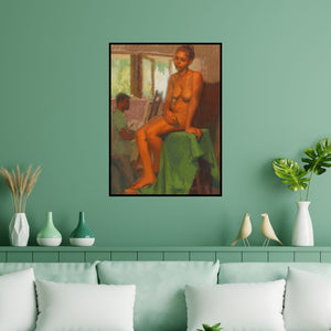 Preview of 'Figure Study' Painting by Snehal Page shown on a wall in a furnished room.