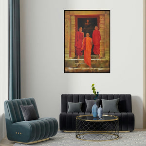 Kamal Rao's 'Final Destination (Temple Bells Adorned)' painting visualized above a sofa in a contemporary room.