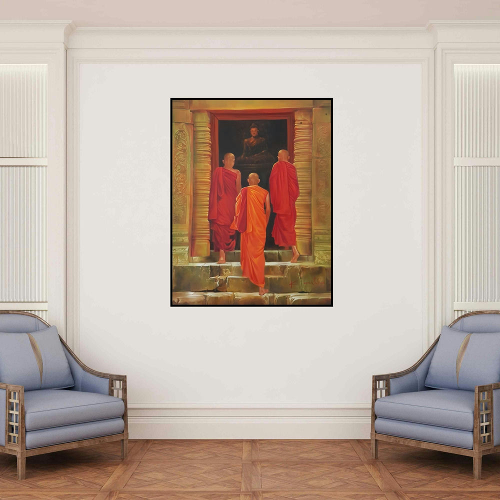 'Final Destination (Temple Bells Adorned)' painting by Kamal Rao shown on a wall in a furnished room.