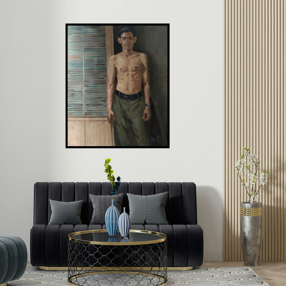 'Finding The Right Tone' painting by Swapnil Pate shown on a wall in a furnished room.