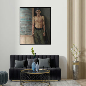 'Finding The Right Tone' painting by Swapnil Pate shown on a wall in a furnished room.