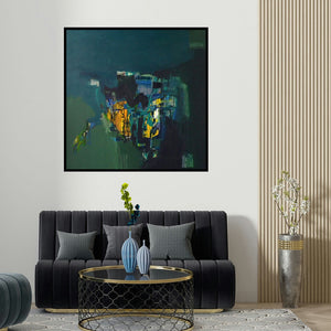 Jayshree Savani's 'Fire Deep Within (Nocturnal Bloom)' painting visualized above a sofa in a contemporary room.