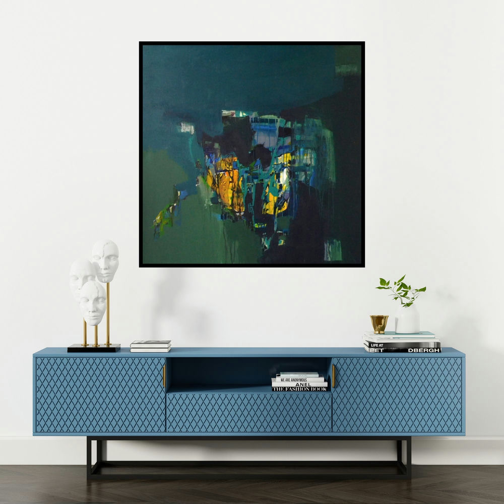 'Fire Deep Within (Nocturnal Bloom)' painting by Jayshree Savani shown on a wall in a furnished room.