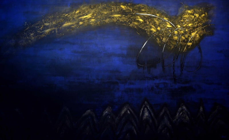 Firefiles Over Aravalli' contemporary acrylic painting by artist Vishal Joshi, 72x120 inch, on canvas