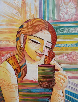 First Cuppa (A Moment of Serenity) by Devirani Dasgupta, Original Acrylic Figurative Painting on Canvas, Small Vertical Wall Art