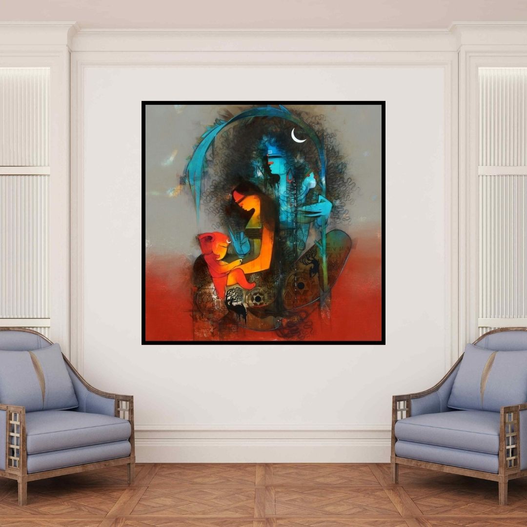 In-situ view of Amol Pawar's 'First Family 2' painting in a room