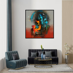 Preview of 'First Family 2' Painting by Amol Pawar shown on a wall in a furnished room.