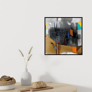 In-situ view of Prabhinder Lall's 'First In Grey And Orange (Urban Fragment)' painting in a room