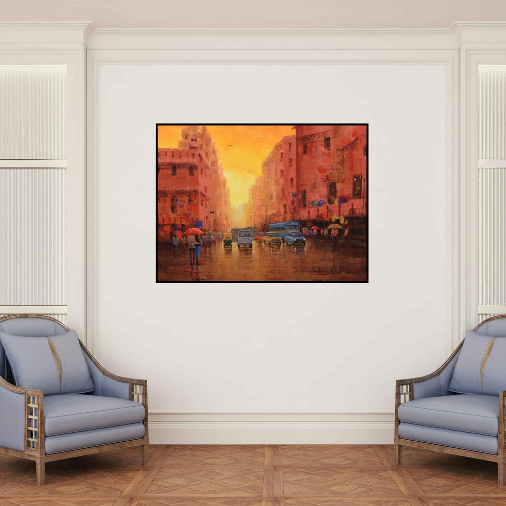 'First Light' painting by Purnendu Mandal shown on a wall in a furnished room.