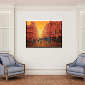 'First Light' painting by Purnendu Mandal shown on a wall in a furnished room.
