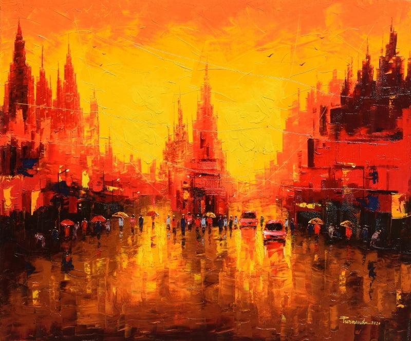 Cityscape oil painting titled 'First Light 2', 30x36 inches, by artist Purnendu Mandal on Canvas